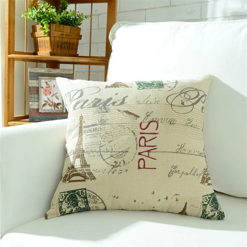 

60x60cm Cotton Linen Cushion Cover Big Letters Clock Tower Printed Home Sofa Office Pillowcase Car Waist Pad