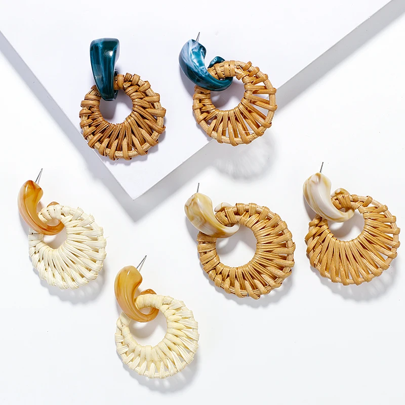 AENSOA бамбуковые плетеные висячие серьги из ротанга эффектные этнические с