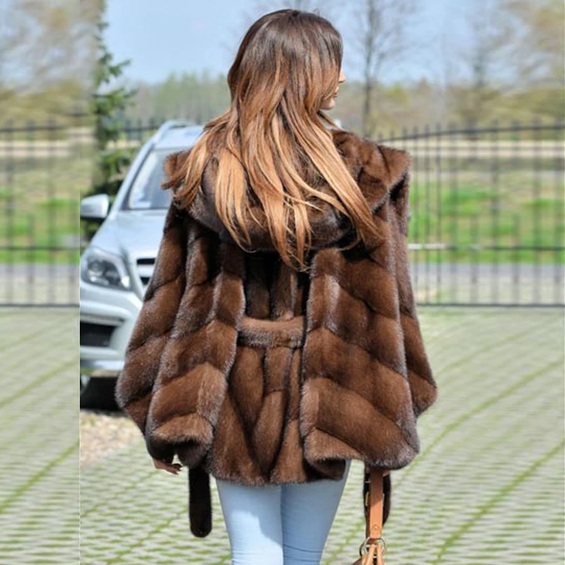 BFFUR 2022 Fashion Winter Mink Fur Jacket With Hood Natural Women Wholeskin Genuine Mink Fur Coats Bat Sleeved With Fur Belt