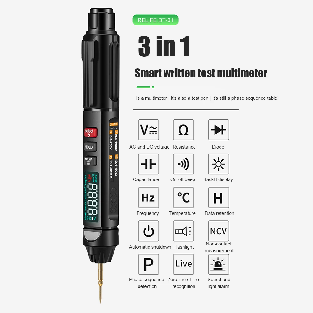 

Digital DT-01 Voltage Multimeter Pen Non Contact Backlight AC DC Meter Tester High Precision 5999 Count Resistance Capacitance