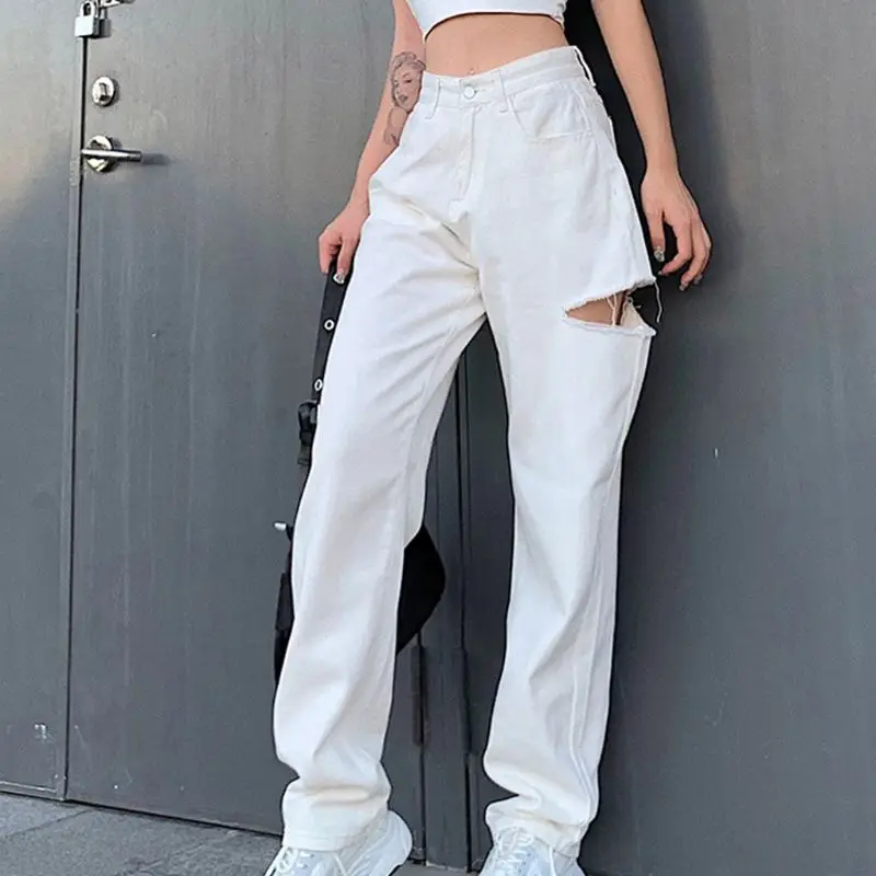 

Women High Waist White Maxi Baggy Jeans Side Ripped Hole Denim Straight Pants Harajuku Hip Hop Casual Loose Trousers