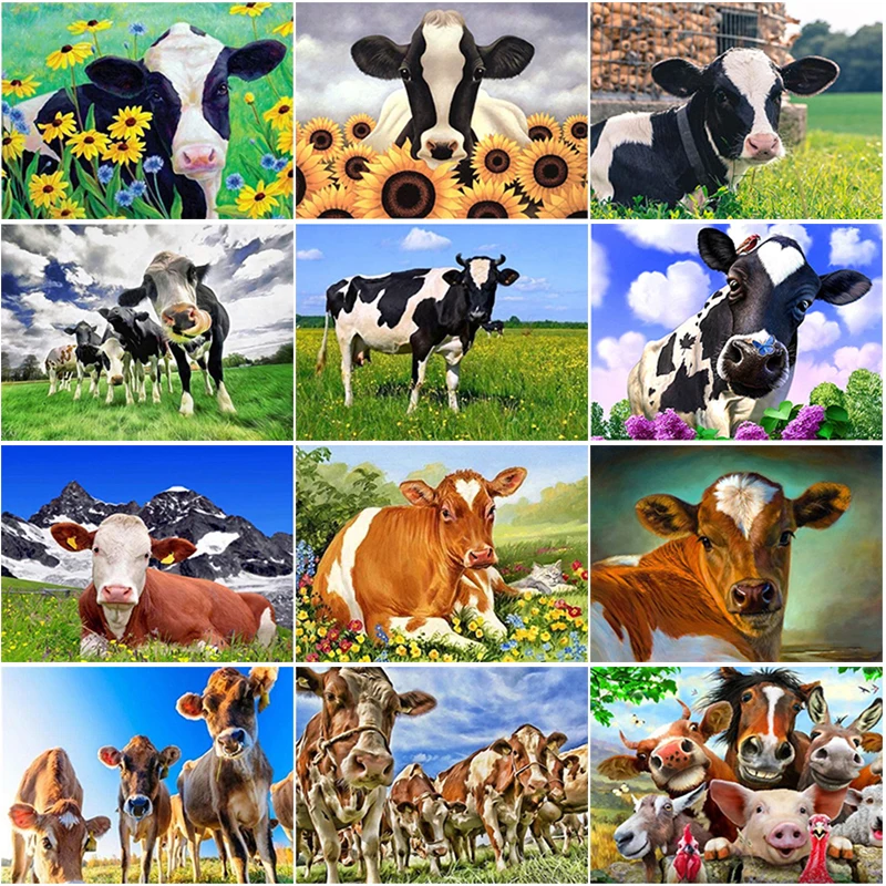 

DIY Cow 5D Diamond Painting Cross Stitch Embroidery Kits Full Round Drill Mosaic Rhinestones Paintings For Bedroom Decoration