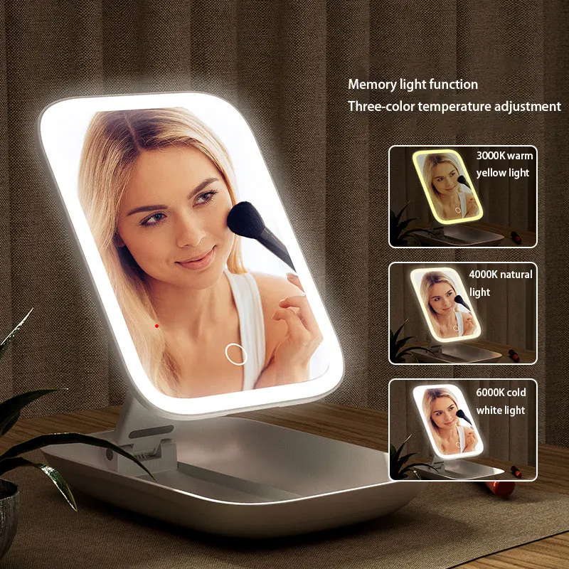 

Mirror With Light Adjustable Three-Color Temperature LED Desktop With USB Storage Box Folding Light Makeup Mirror Makeup Tools