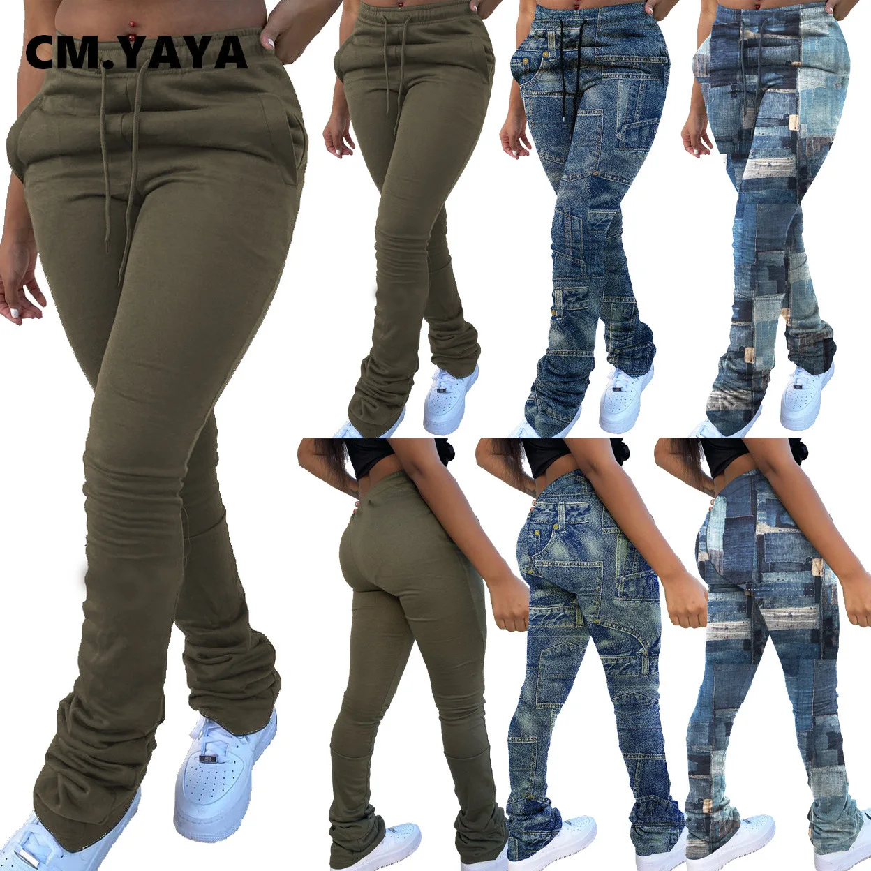 

CM.YAYA Fake Jeans Print Women Pants Legging High Waist Flare Bell Bottom Ruched Stack Trousers Draped Jogger Sweatpants