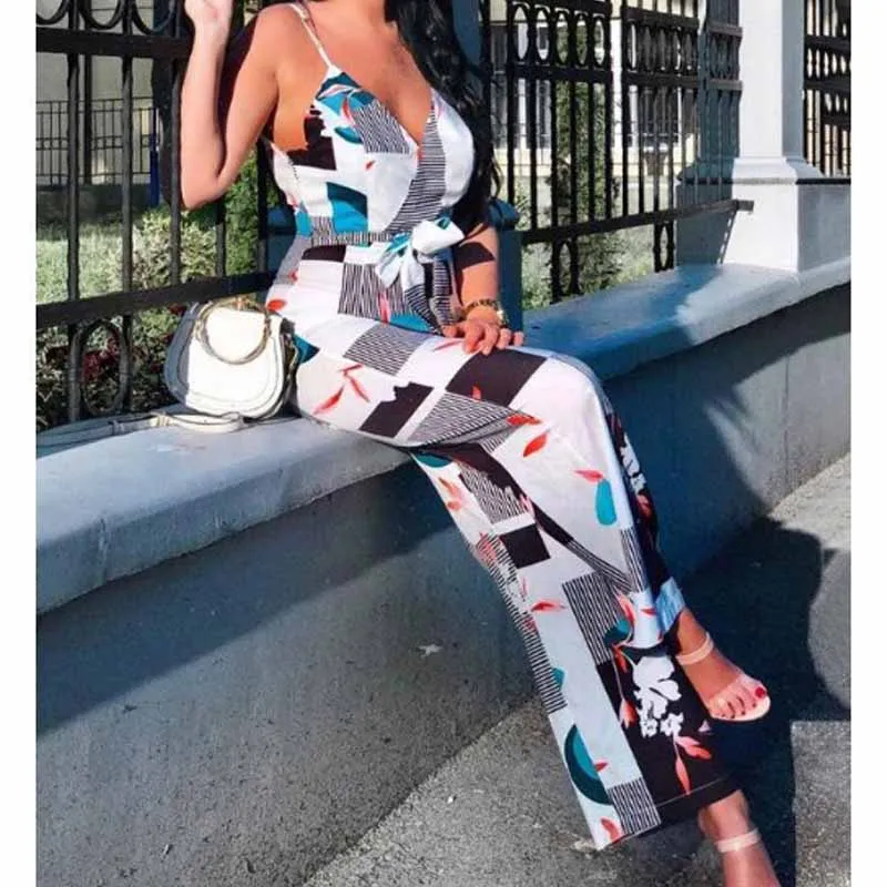 

V Neck Sexy Bodysuits Women With Belt Body Femme Feminino Floral Playsuit Overalls Print Spring Summer Jumpsuit B26