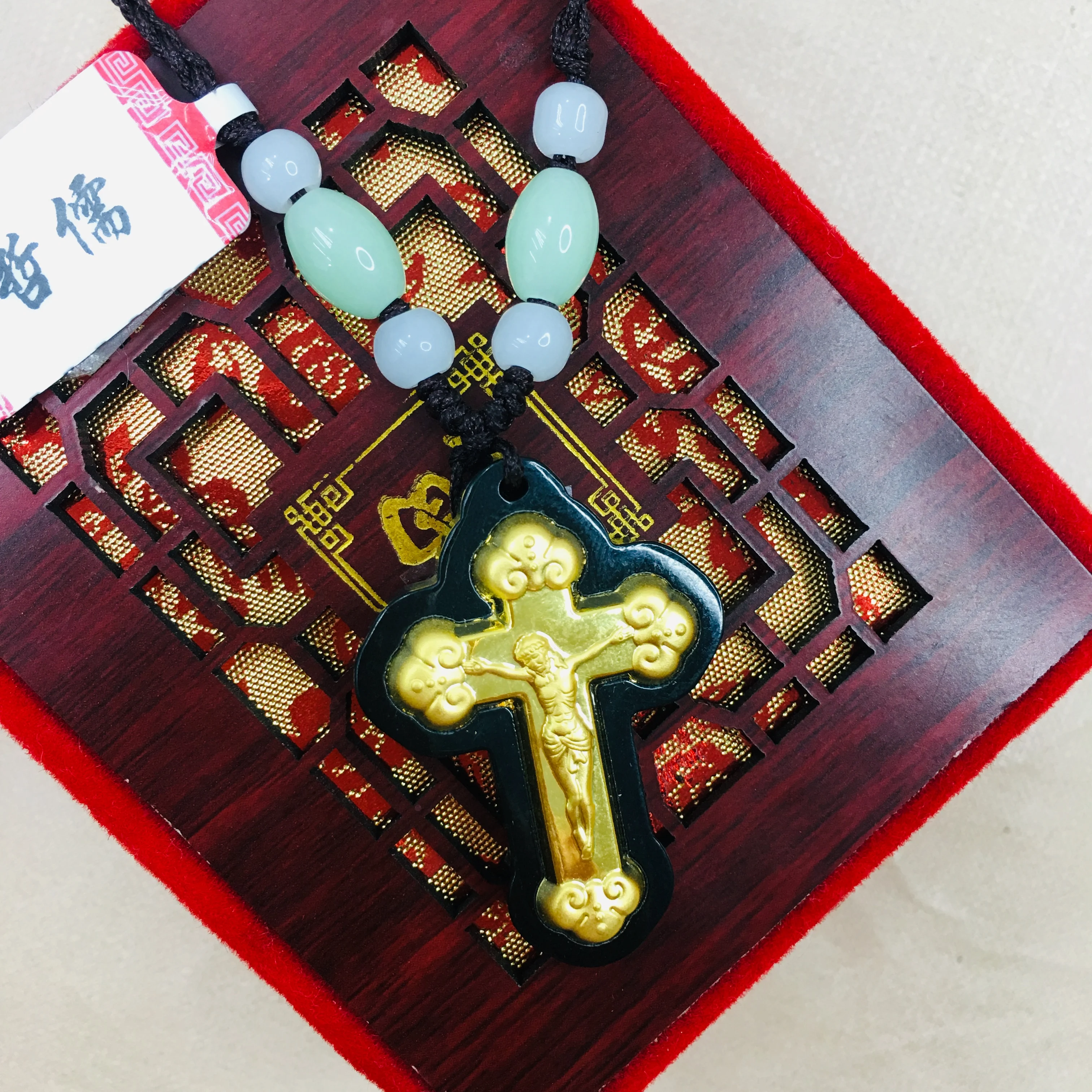 Zheru Natural Hetian Black Jade Inlaid Gold Cross Pendant with Green Bead Rope Necklace Male and Female Jewelry Send a certifica | Украшения
