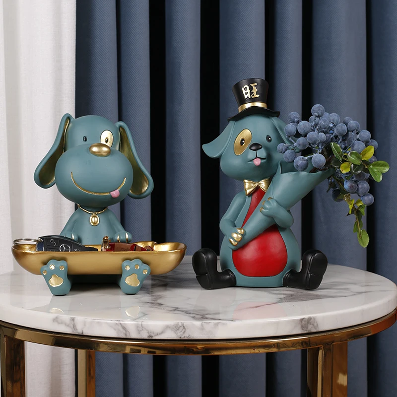 

Home Room Decor Artificial Fake Flowers Resin Vase Tabletop Ornaments Nordic Room Resin Dog Wedding Decoration New Year Gifts