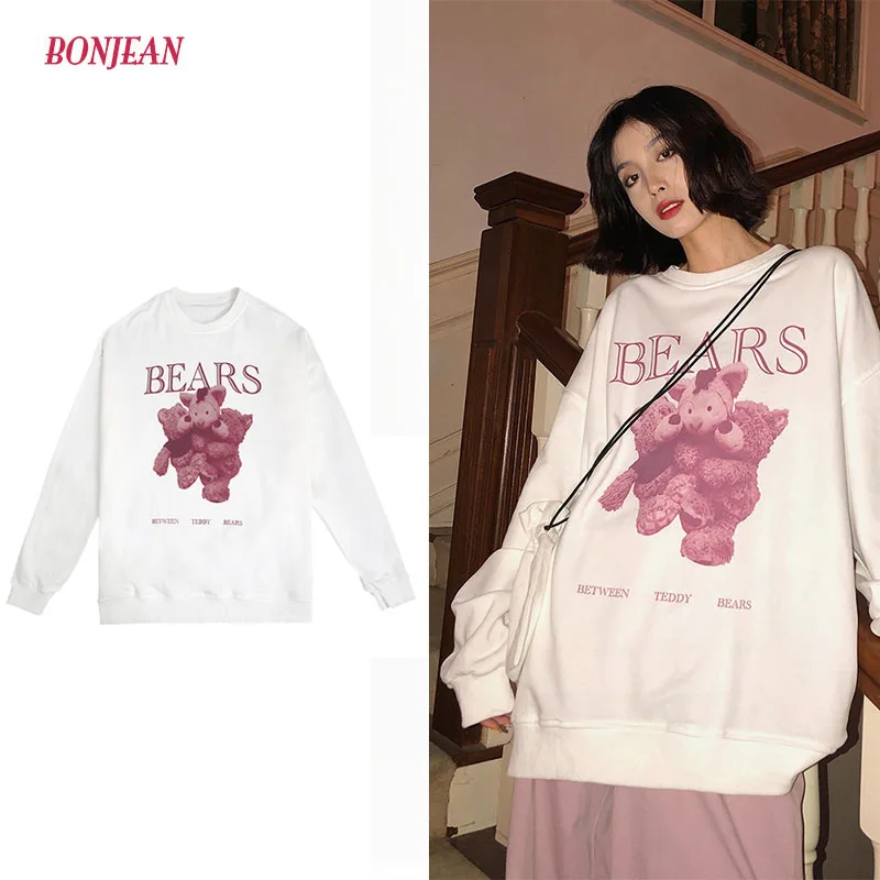 

Harajuku Autumn Women Hoodies Japanese Bear Couple Sweatshirt Winter Tops Loose Kawaii Outwear Hoodie Streetwear Females 2020