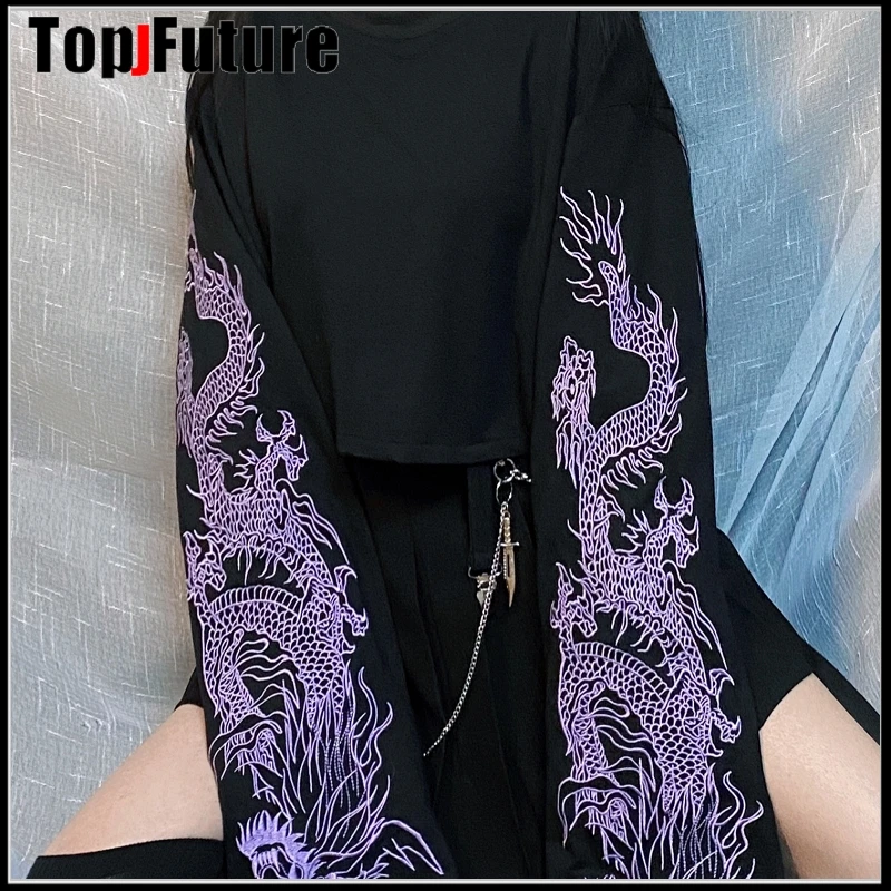 Женская футболка в стиле преппи с длинным рукавом и вышивкой виде дракона |