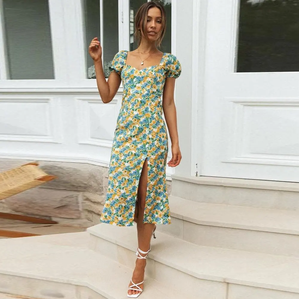 

2021 New Print Women Dress Summer A-line High Waist Short Sleeve Dress Elegant Mid-length Split Lady Dress Vestidos