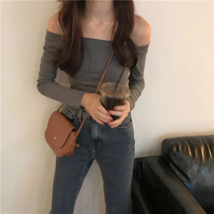 

Gray T-shirt Long Sleeve Women's New Inner Wear Bottoming Shirt Slim off-Shoulder Tight Top