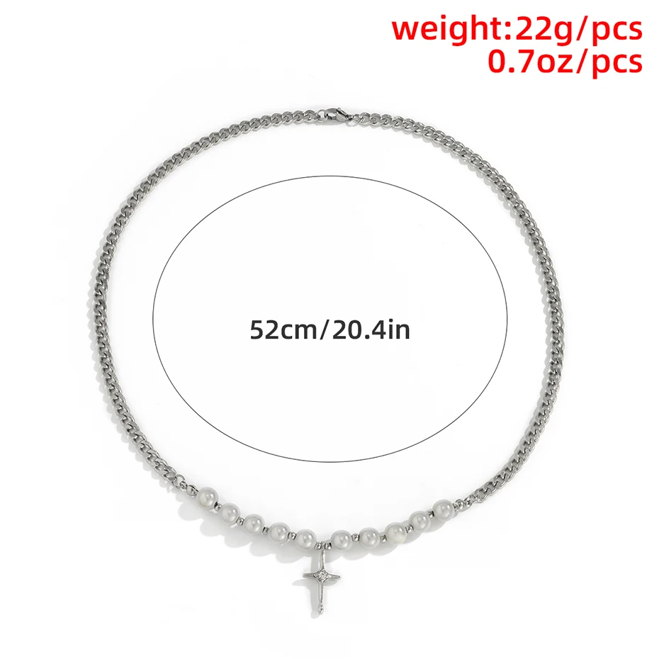 

New Korean Fashion Stainless Steel Chains Geometric Cross Rhinestone Pendant Necklace For Women Man Imitation Pearls Jewelry
