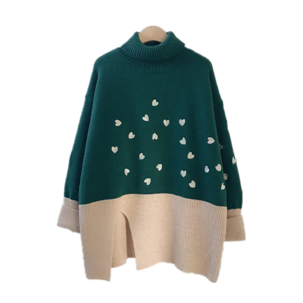 

2021 Women Korean Autumn Knitted Pullovers Patchwork Splicing Color Sweater Jumper Female Turtleneck Oversized Sweater Christmas
