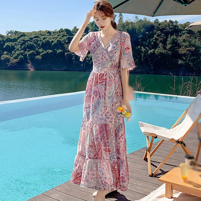 

Женское летнее пляжное длинное платье с цветочным принтом, сексуальное вечернее платье с глубоким V-образным вырезом, повседневное богемно...
