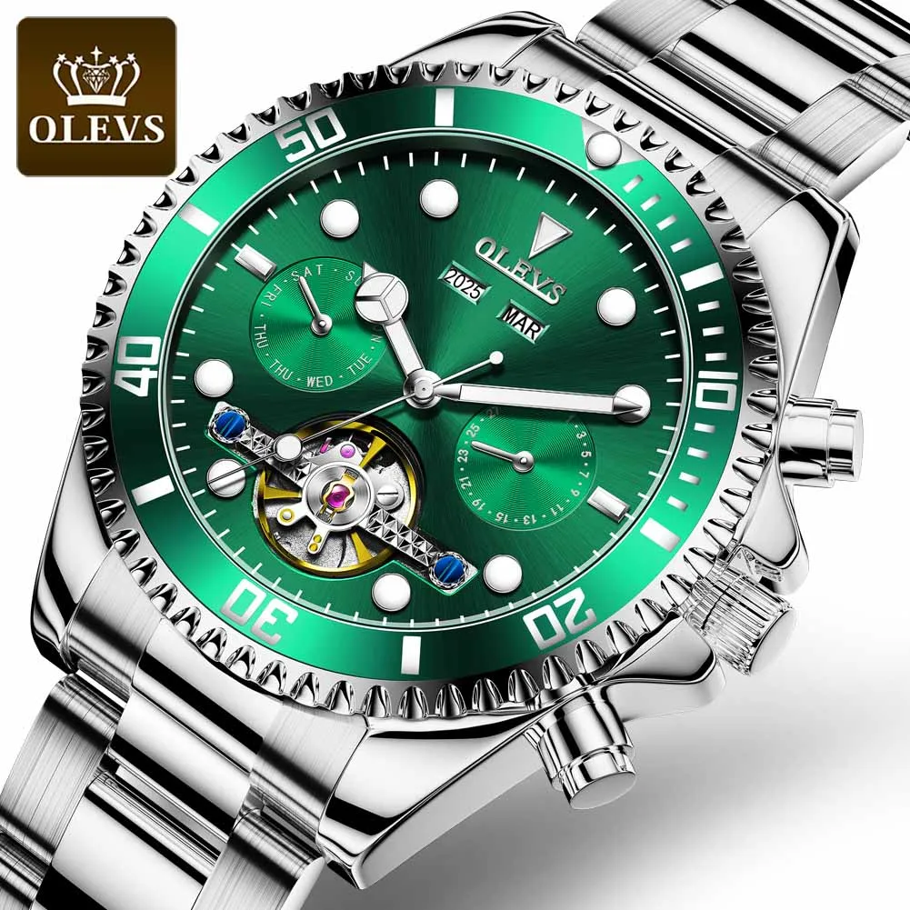 OLEVS Green Water Ghost мужские часы Топ люксовый бренд Stailness стальные автоматические