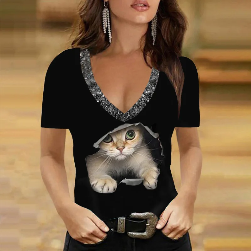 

Fashion Ladies Patchwork Sequins Elegant Pullover Tops 2022 Summer Short Sleeve Shirts New Women Casual V Neck Slim Fit T Shirt