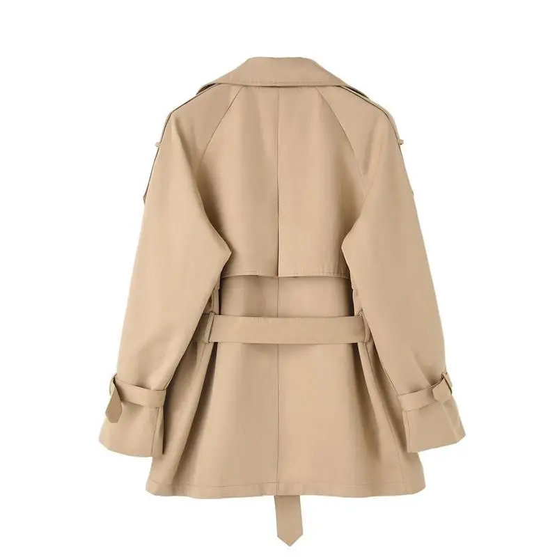 

Spring Autumn Coat Women Classic Khaki Short Double-Breasted Trench Coat for Lady with Belts Flaps Women Windbreaker