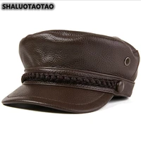 shaluotaotao new quality cowhide military hats winter fashion thermal flat cap for men women leisure brands genuine leather hat
