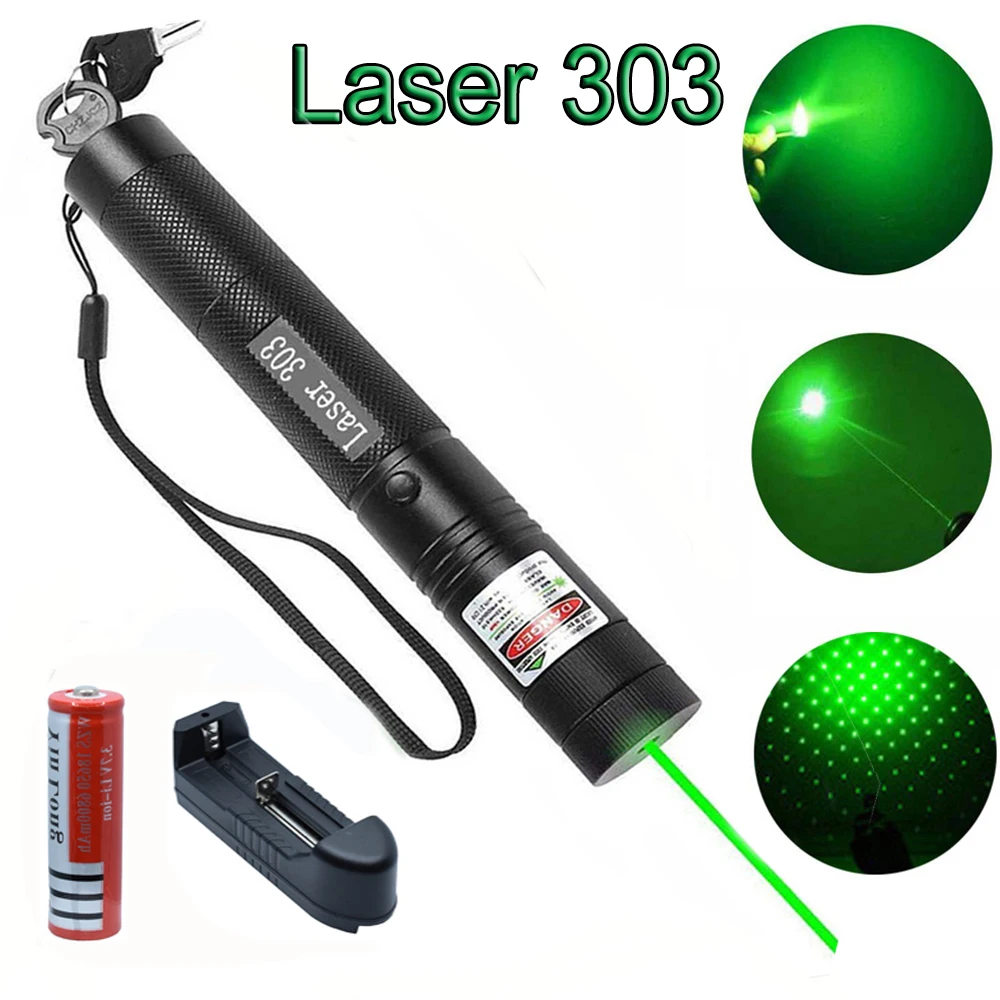 

10000m 532nm Green Laser 303 Sight laser pointer Powerful Adjustable Focus Lazer Torch Pen+Charger+18650 Battery