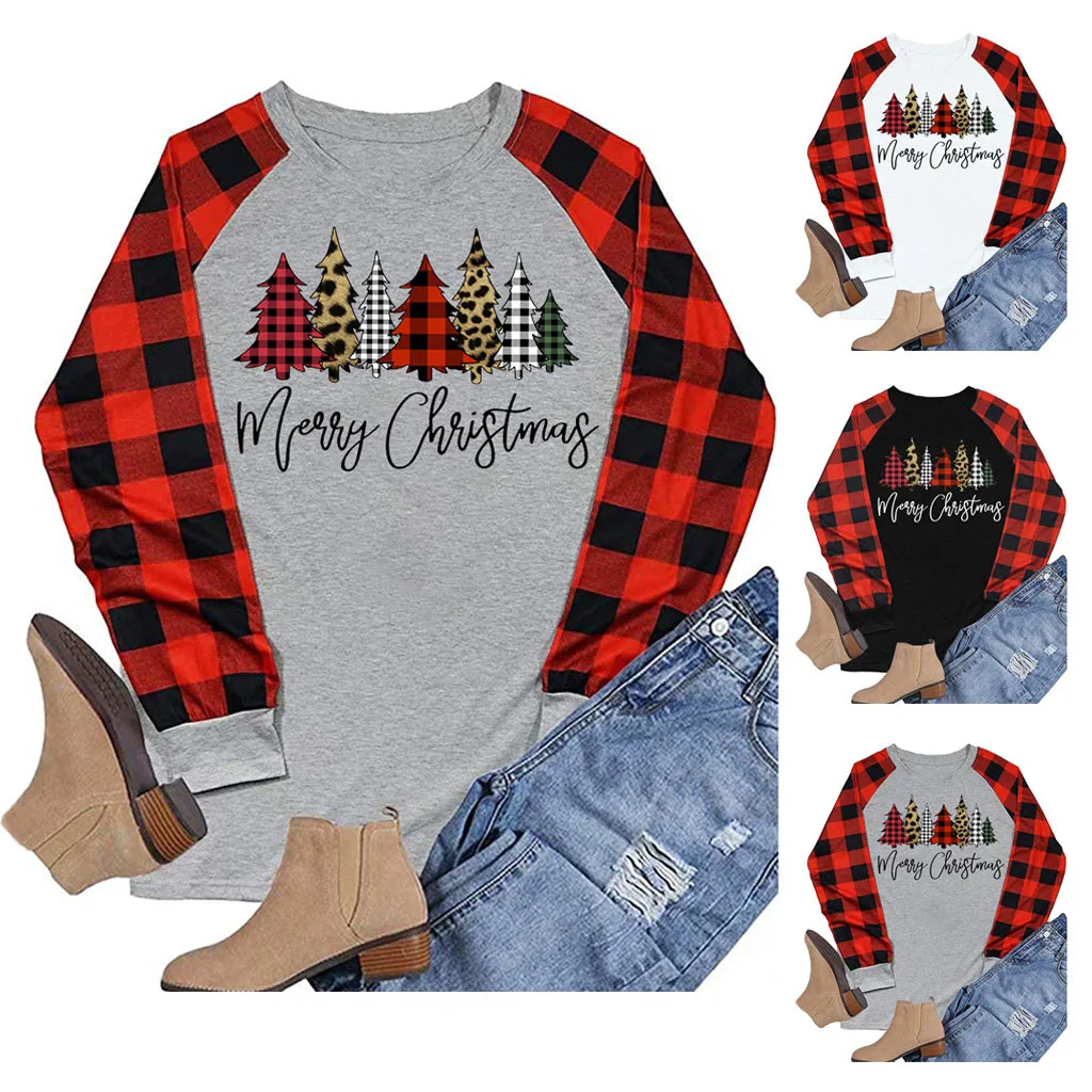 Женская футболка хит повседневная с рождественским принтом в клетку реглан