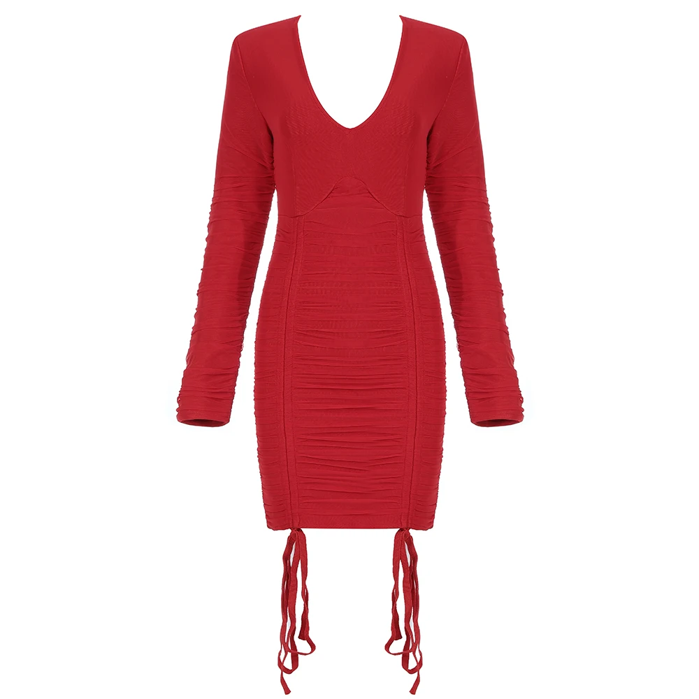

High Quality Celebrity Red White Long Sleeve Rayon Bandage Dress Party Elegant Dress
