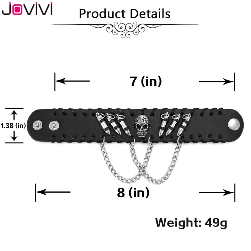 Jovivi 1x мужские браслеты металлические байкерские черные широкие пули черепа
