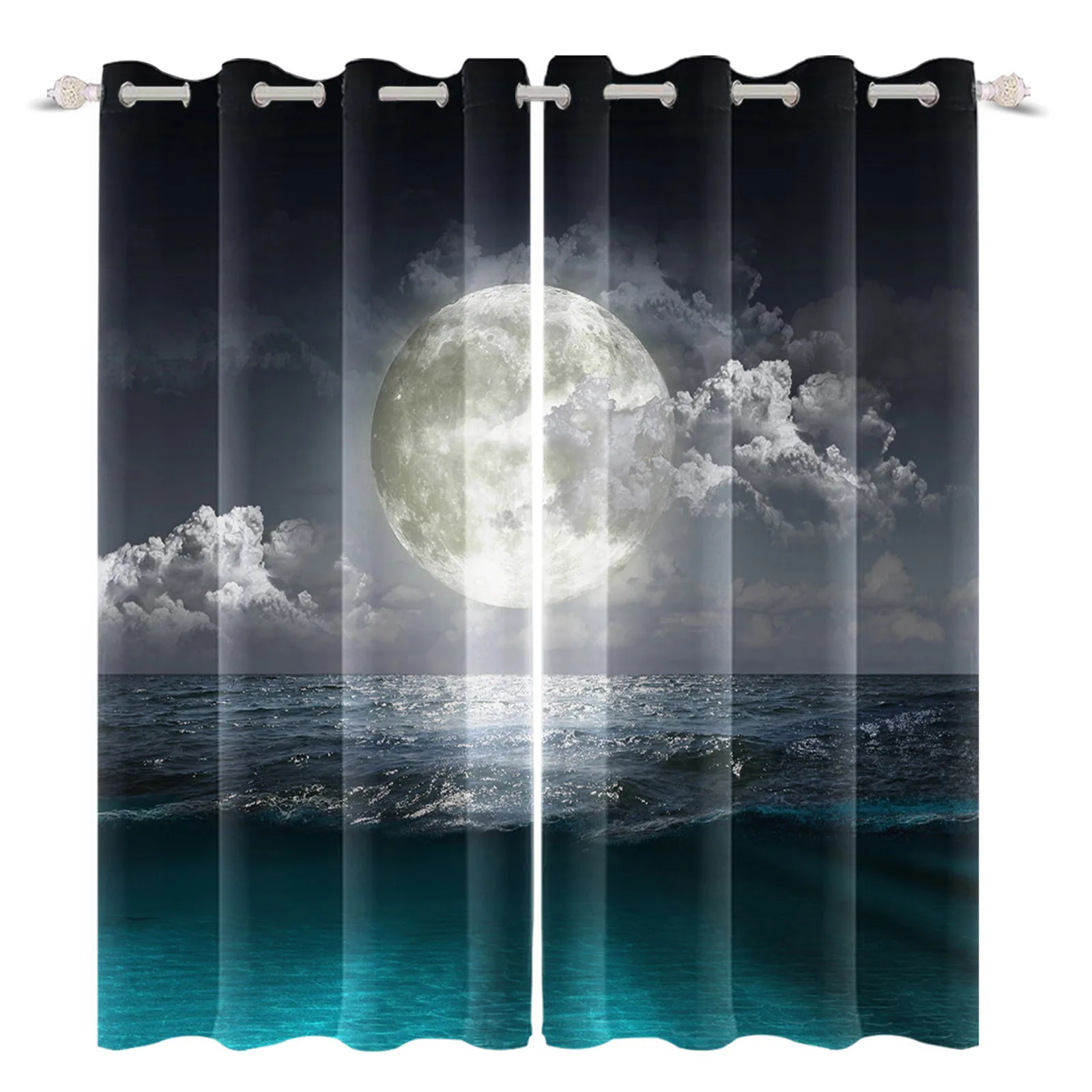 

Modern Style Moon Clouds Curtains Night Landscape Cortinas For Living Room Bedroom Perforated Blackout Drapes