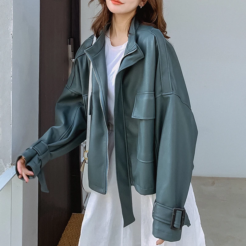 Женская куртка из искусственной кожи модная оверсайз демисезонная свободная