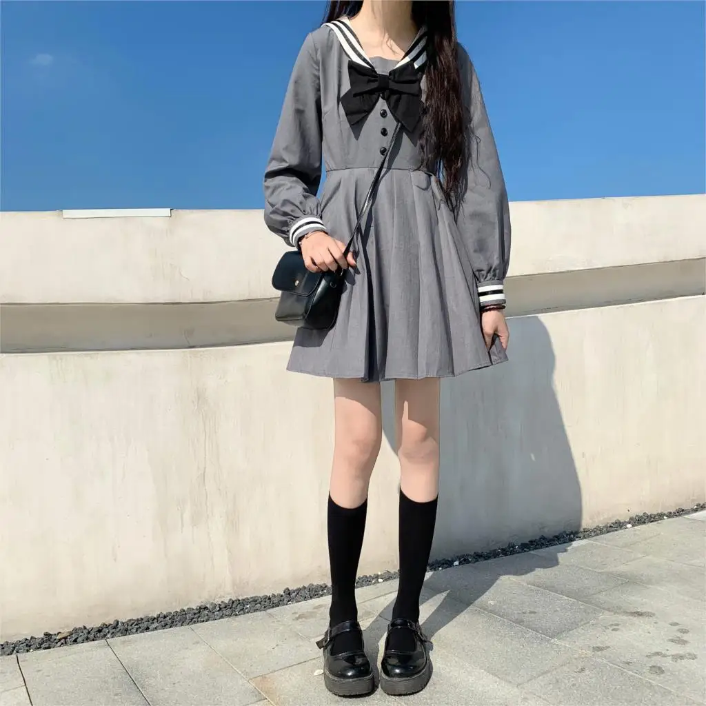 

Japanese College Style Women Dress Sweet Girl Sailor Collar Bow Kawaii Short Puff Sleeve Dresses Vintage Pleated Splice Dress