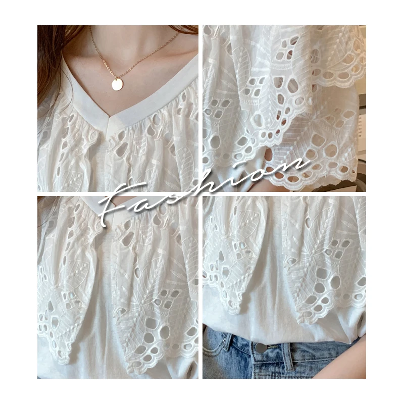 

2020 Summer women top korean vintage sweet ruffles crochet v-neck sweet blouse shirt embroidery hollow out blouses and tops