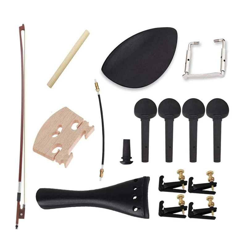 

1X Violin Bow Stunning Fiddle Arbor Bow & 15Pcs With Tuning Pegs Tailpiece Gut Tuners Endpin Sound Post Bridge