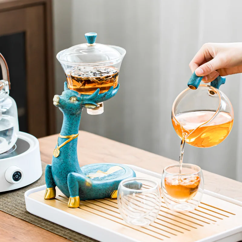 

Glass Tea Set Heat Resistant Teaware Deer Shape Lazy Semi-automatic Kungfu Drinking Utensil Home Office Teapot Teacup
