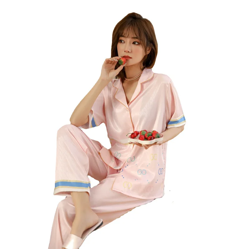 

Pajamas Set Print Sleepwear For Women Satin Two Piece Suit Casual Shirt&Pants Lounge Wear Faux Silk Intimate Lingerie Homewear