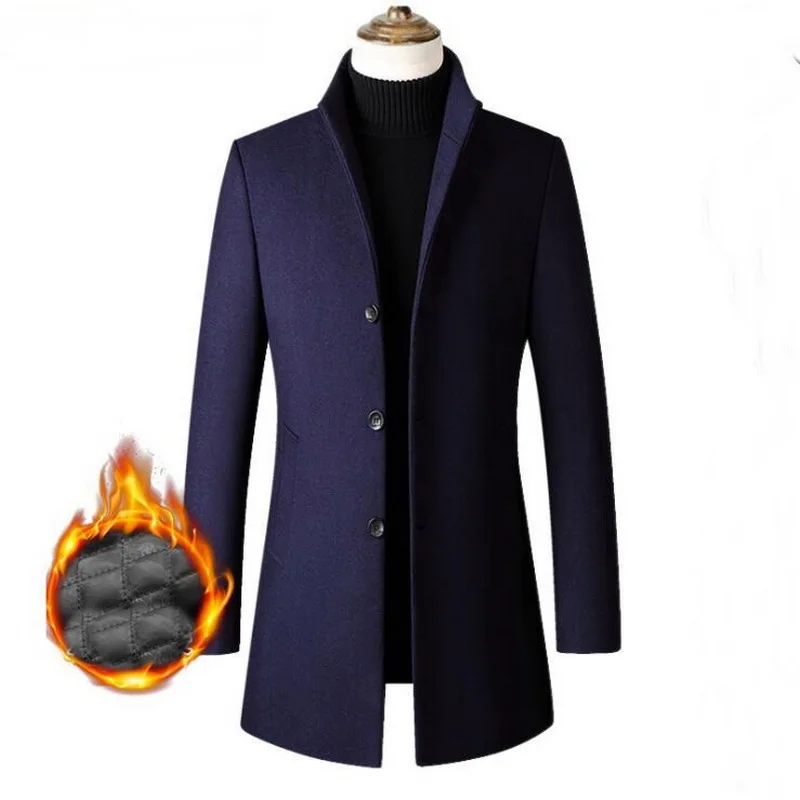 

Мужская шерстяная куртка средней длины, однобортное пальто с воротником-стойкой, мужское шерстяное пальто, зимнее утепленное шерстяное пальто