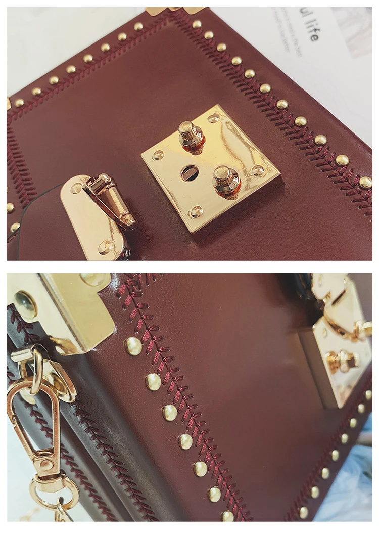 Fashion Vintage Rivet Designer Bag Box Style Buckle PU Women Clutch Bag Chain Purse Shoulder Bag Crossbody Small Flap Handbag