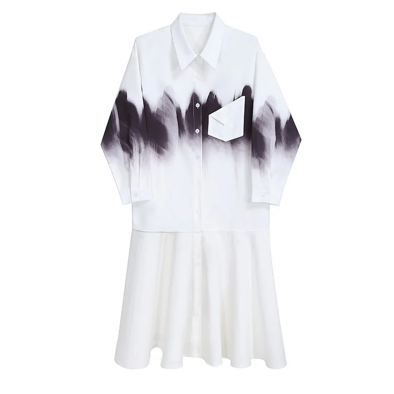 

SuperAen 2021 Fashion New Spring Ink Print Loose Turn Down Collar Shirt Dress for Women