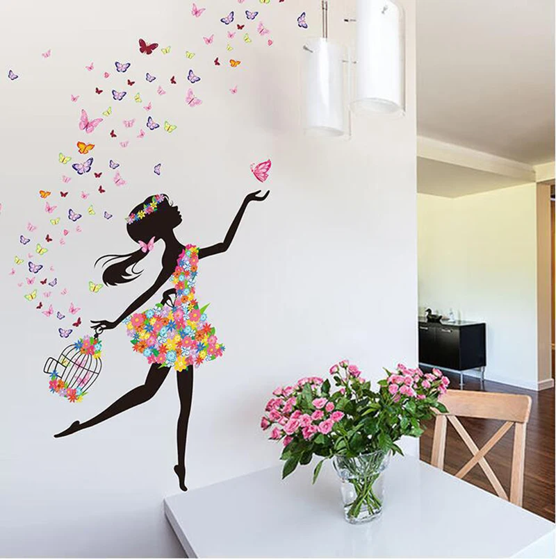 Large Flower Fairy Butterfly Wall Stickers for Kids Rooms Girls Bedroom Living Room Decoration Floral Angel Wallpaper Vinyl