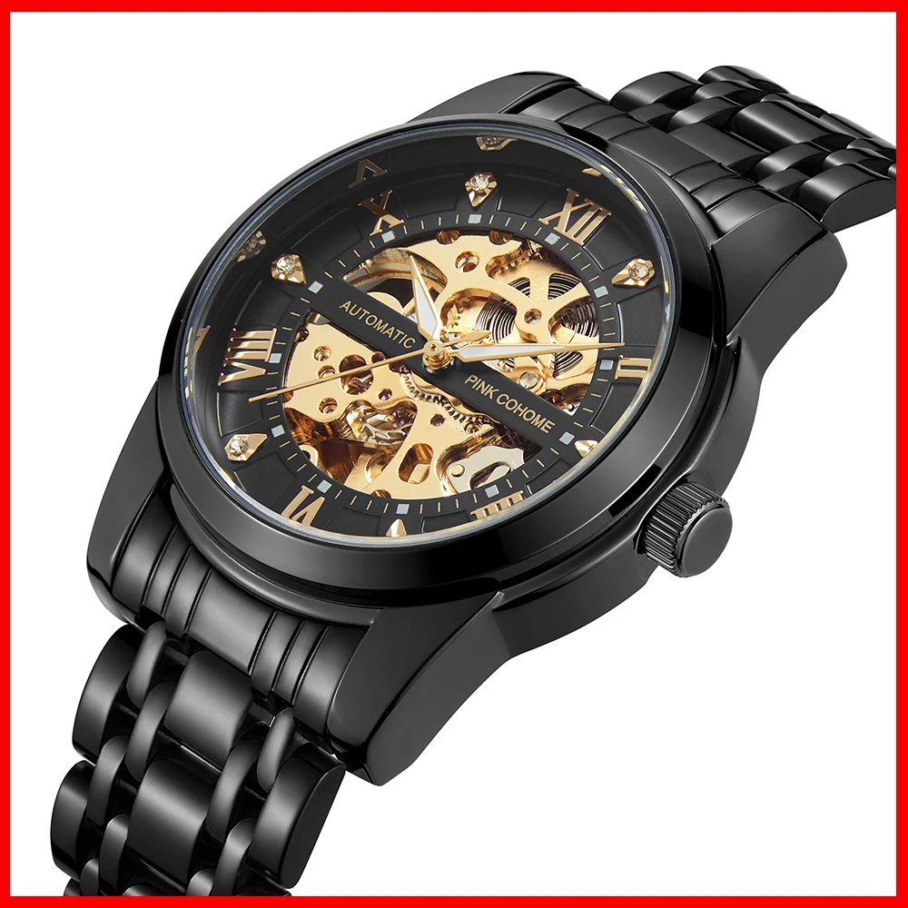 

Stainlesss Steel Bracelet Watches Men Automatic Skeleton Mechanical Wristwatch Reloj Hombre Waterproof Montre Homme Luminous