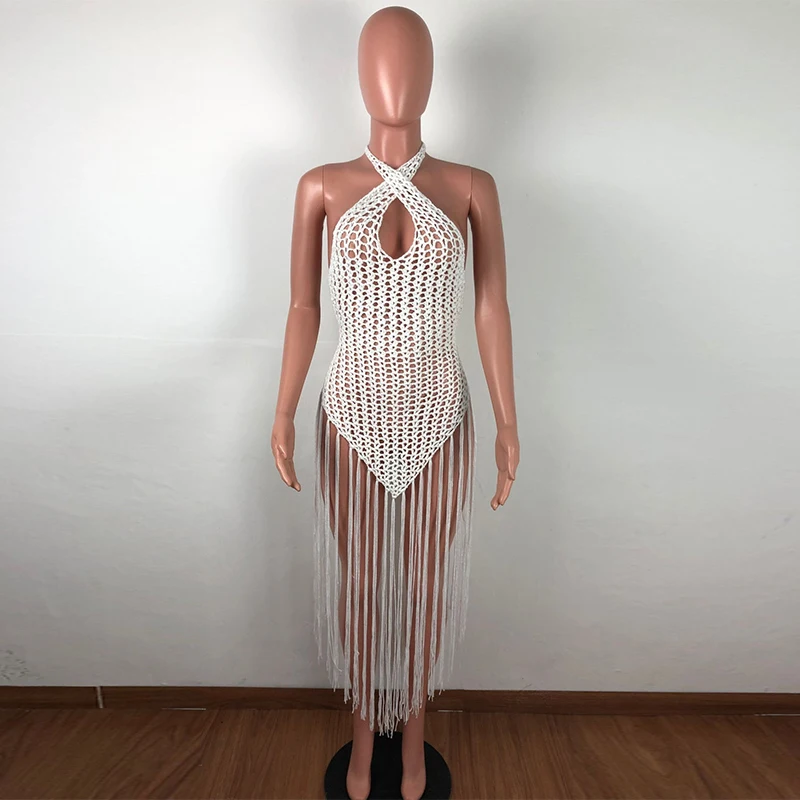 2021 сексуальный вязаный крючком пляжный накидка с длинной кисточкой купальник