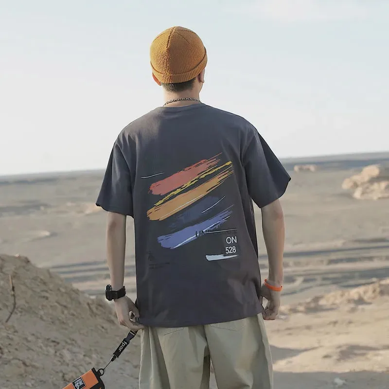 

Хлопковая футболка, летняя футболка популярного цвета с принтом, футболка с коротким рукавом, модная мужская Свободная футболка с круглым в...