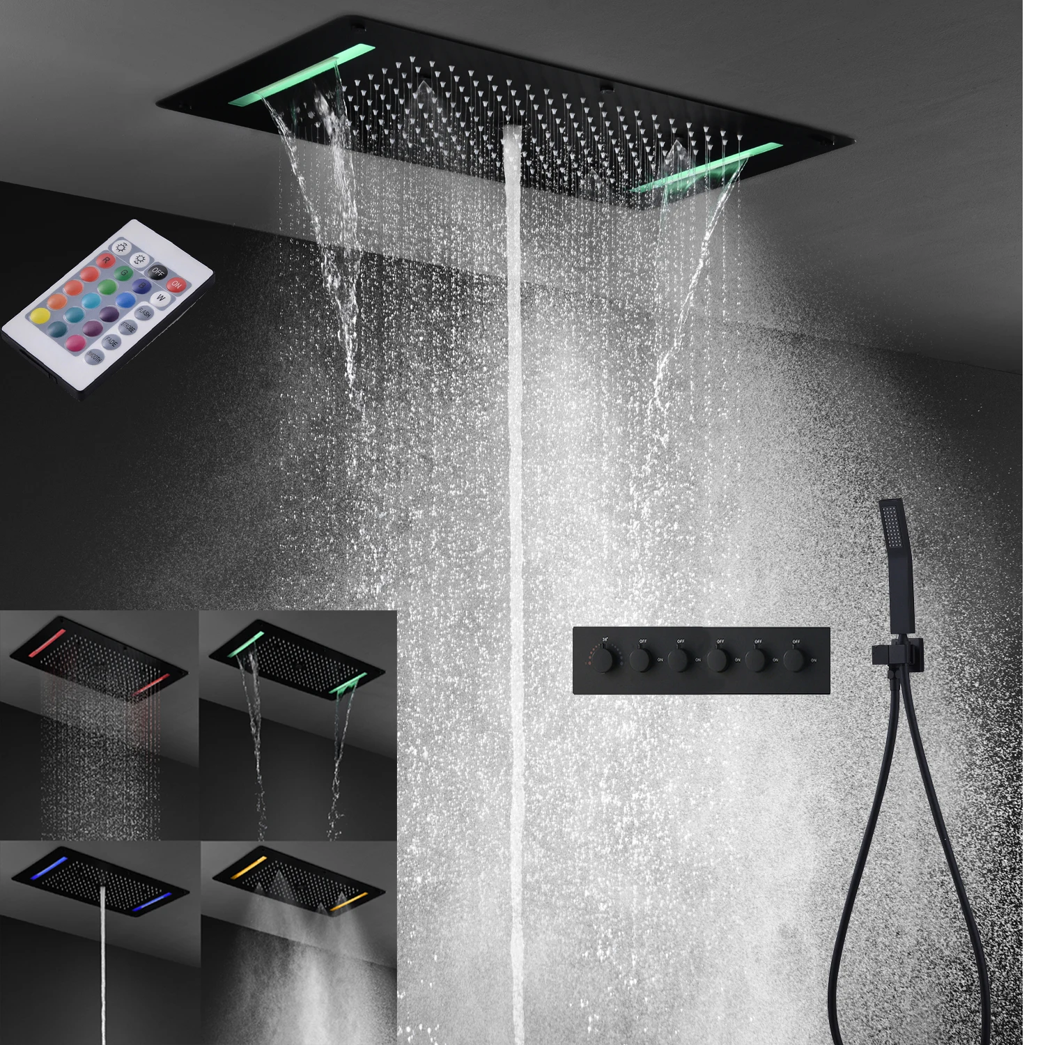 

Luxury 5 Functions Rainfall Shower Set Bathroom Embedded Ceiling LED ShowerHeads Thermostatic Mixer Valve Black Faucets