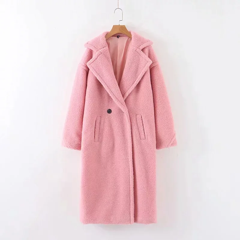 Autumn Winter Ins Blogger Lapel Long Lamb Wool Coat Fluffy Jacket Solid Color Loose Long Coat Women 2021 Luxury Street Hipster