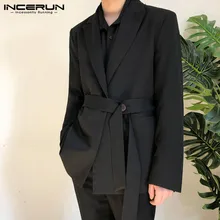 Incerun moda masculina casual blazers cor sólida coreano manga comprida lapela lazer terno com cinto bonito streetwear masculino blazer 7 (2)