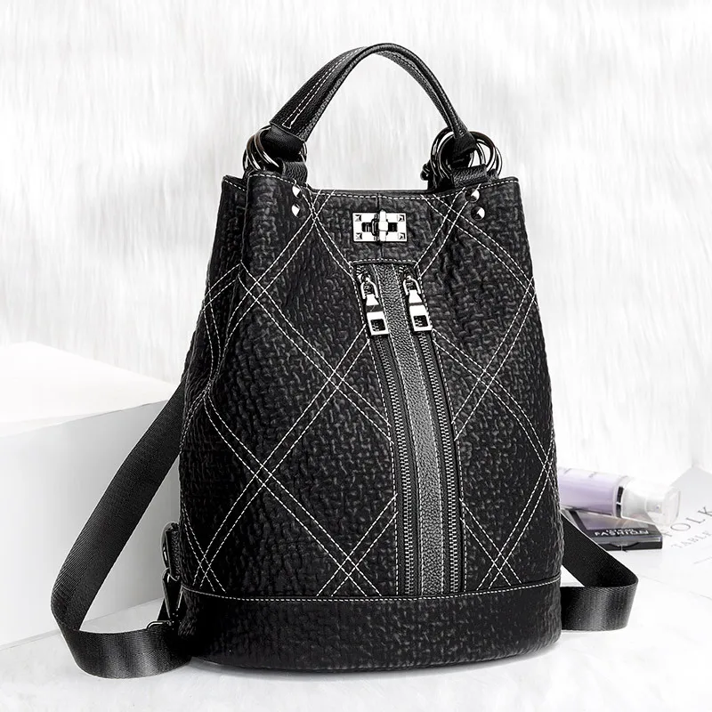 

Women Soft Leather Black Backpack Genuine Leather Backpacks Girls Anti Theft Multifunction Backbag Female Rucksack Travel Bag