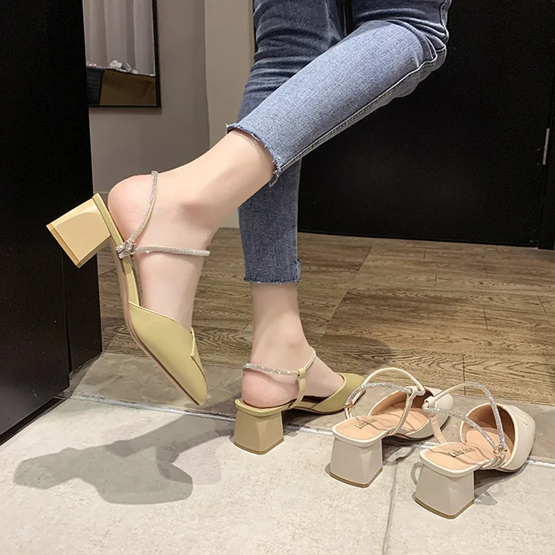 

Sandals Elastic Band Shoes Closed Toe 2021 Summer Med Women's Heels All-Match Suit Female Beige Slip-on Medium Girls New Black C