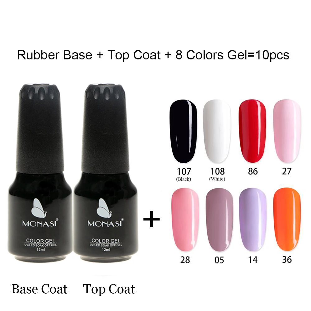

MONASI 10PCS Gel Nail Polish Set ,Rubber Base and No Wipe Top Coat ,8 Colors Nail Gel Varnish 2021 New Arrival Manicure