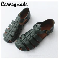 careaymade summer first layer cowhide knitting retro japanese flat soft bottom sandals original single goods leather sandals