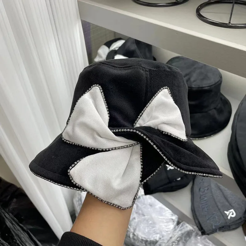 

202112-2509209 ins style grace black white rhinestone bowknot lady bucket cap women leisure hat