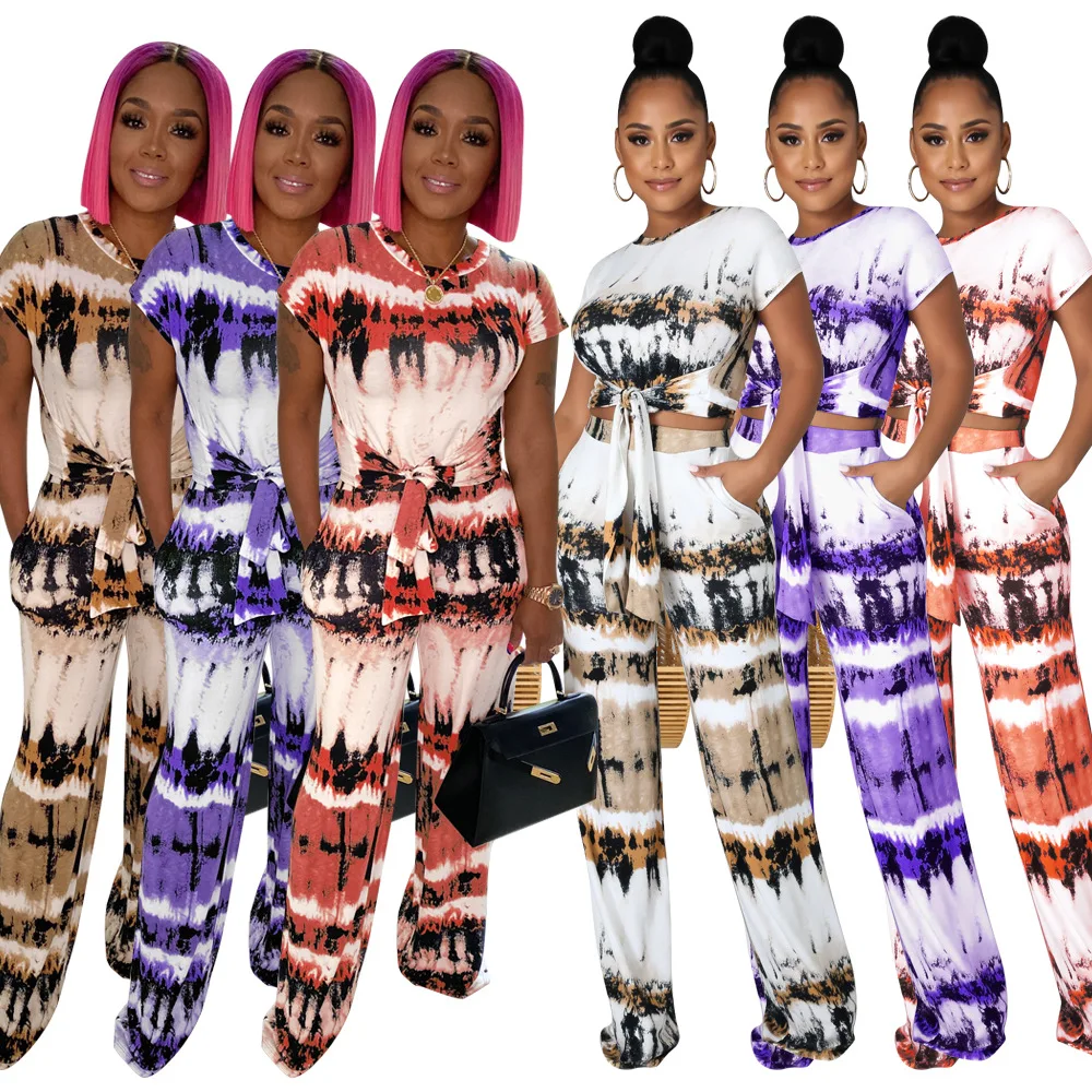 

S-2xl Fashion Women Two Piece Set Tie Dyed Print Lace Up Sexy Crop Top Wide Leg Pants With Pockets Sets Wholesale Dropshipping