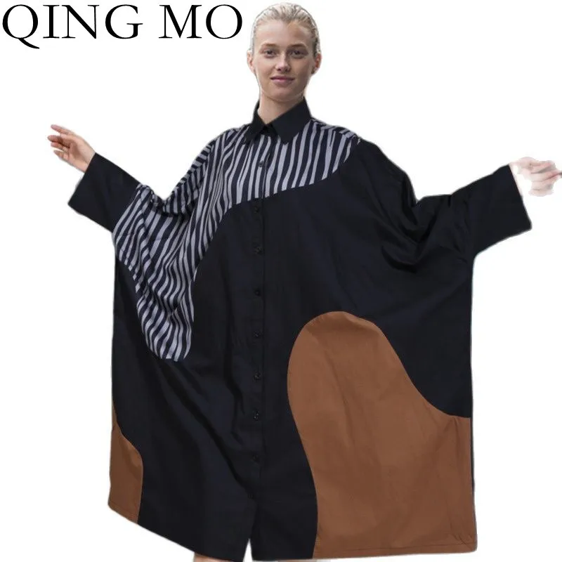 

Женское платье-рубашка с отстрочкой QING MO, свободное контрастное платье-рубашка, модель TT071Q на весну и осень, 2021